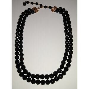 Black Bead Gold Leaf Necklace Double Strand 15"-17" Adjustable Vintage 1950's